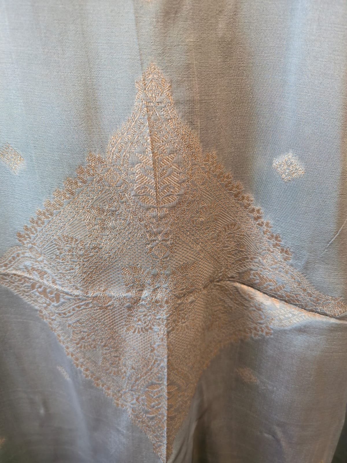 Mettalic silver grey pure bhagalpuri banglori Silk Suit with Silver Floral Weave unstich three peice suit - Image 2