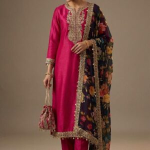 Rani Pink silk Unstich thee peice suit  with Floral Organza Dupatta and polti