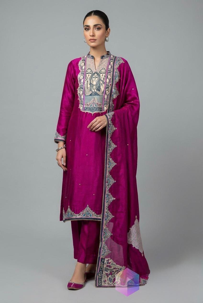 Fushia pink Pure Gajji silk unstitched three peice suit — the perfect blend of casual and smart wear.