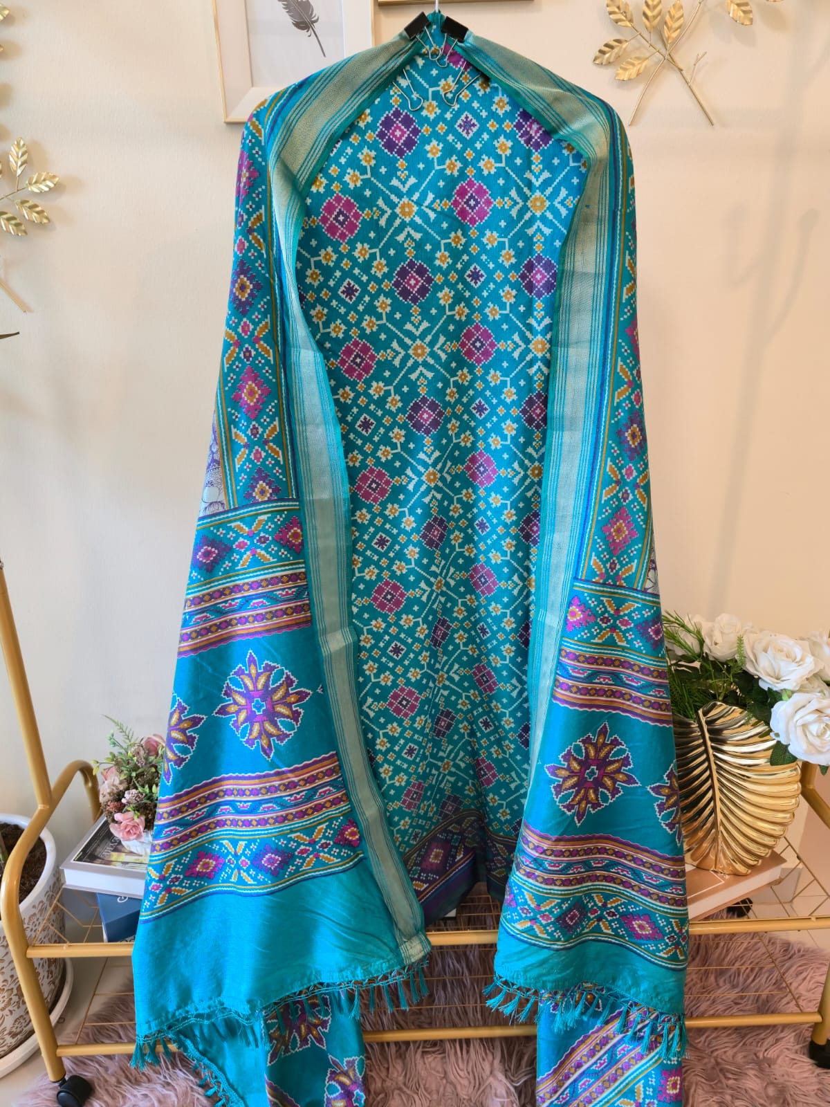 Patola print luxurious Maheshwari Silk unstich three peice suit. - Image 2