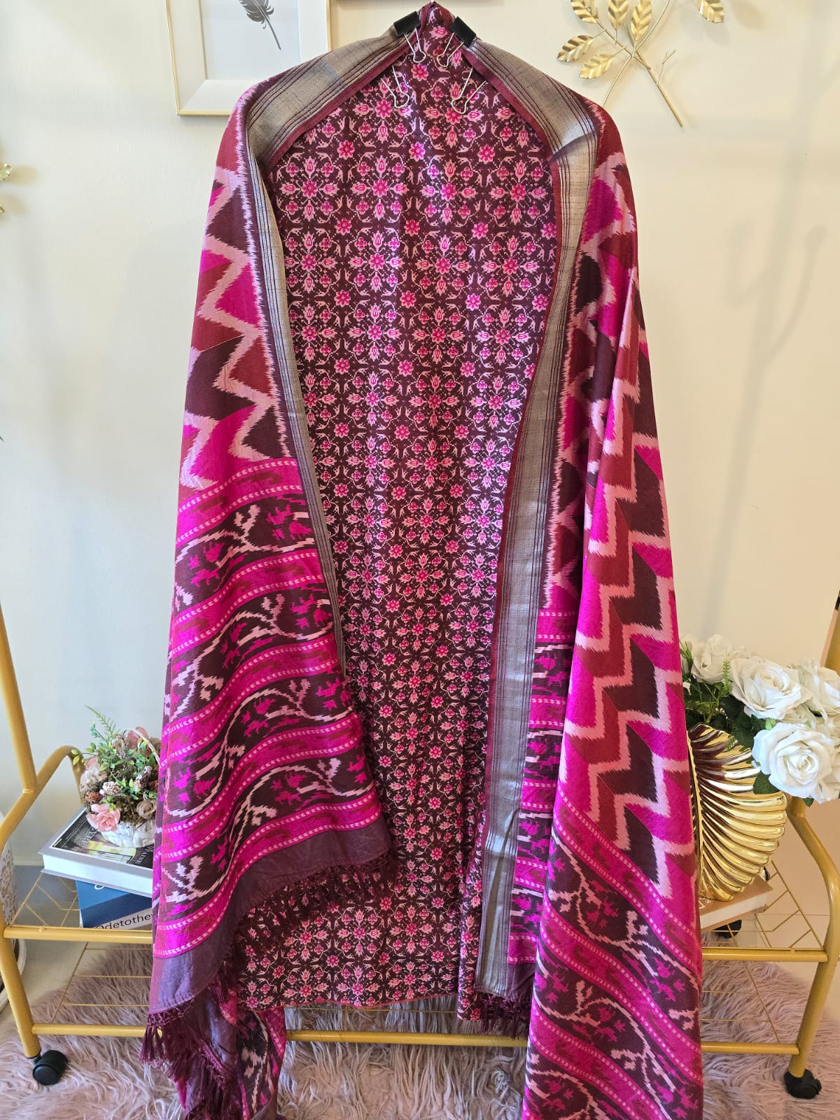 Patola print luxurious Maheshwari Silk unstich three peice suit.
