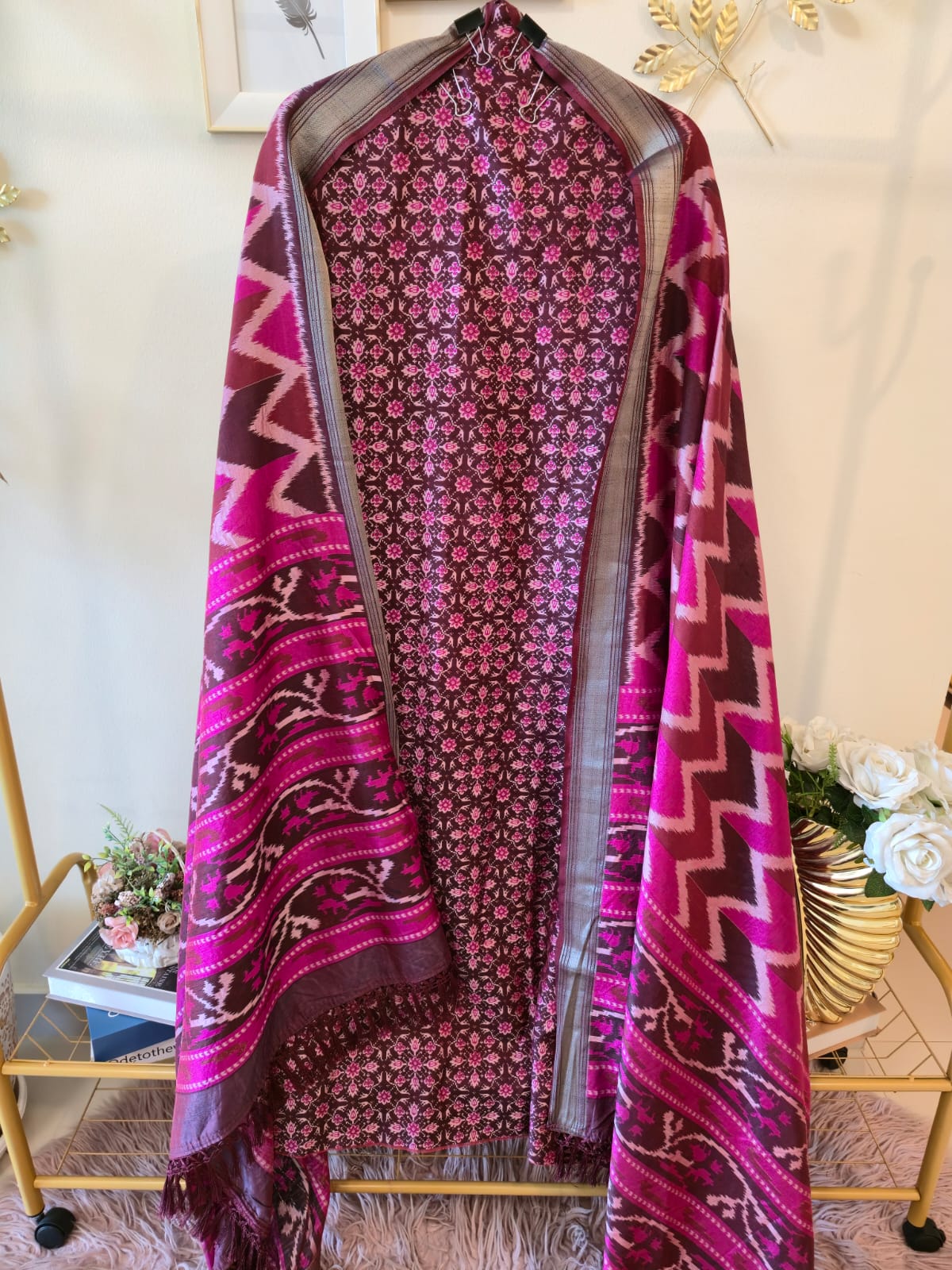 Patola print luxurious Maheshwari Silk unstich three peice suit. - Image 4