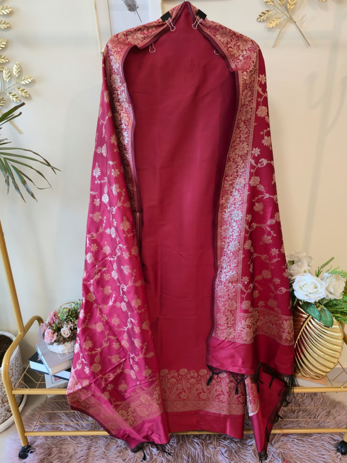 Rich Mehroon pure silk unstich three peice suit. - Image 5