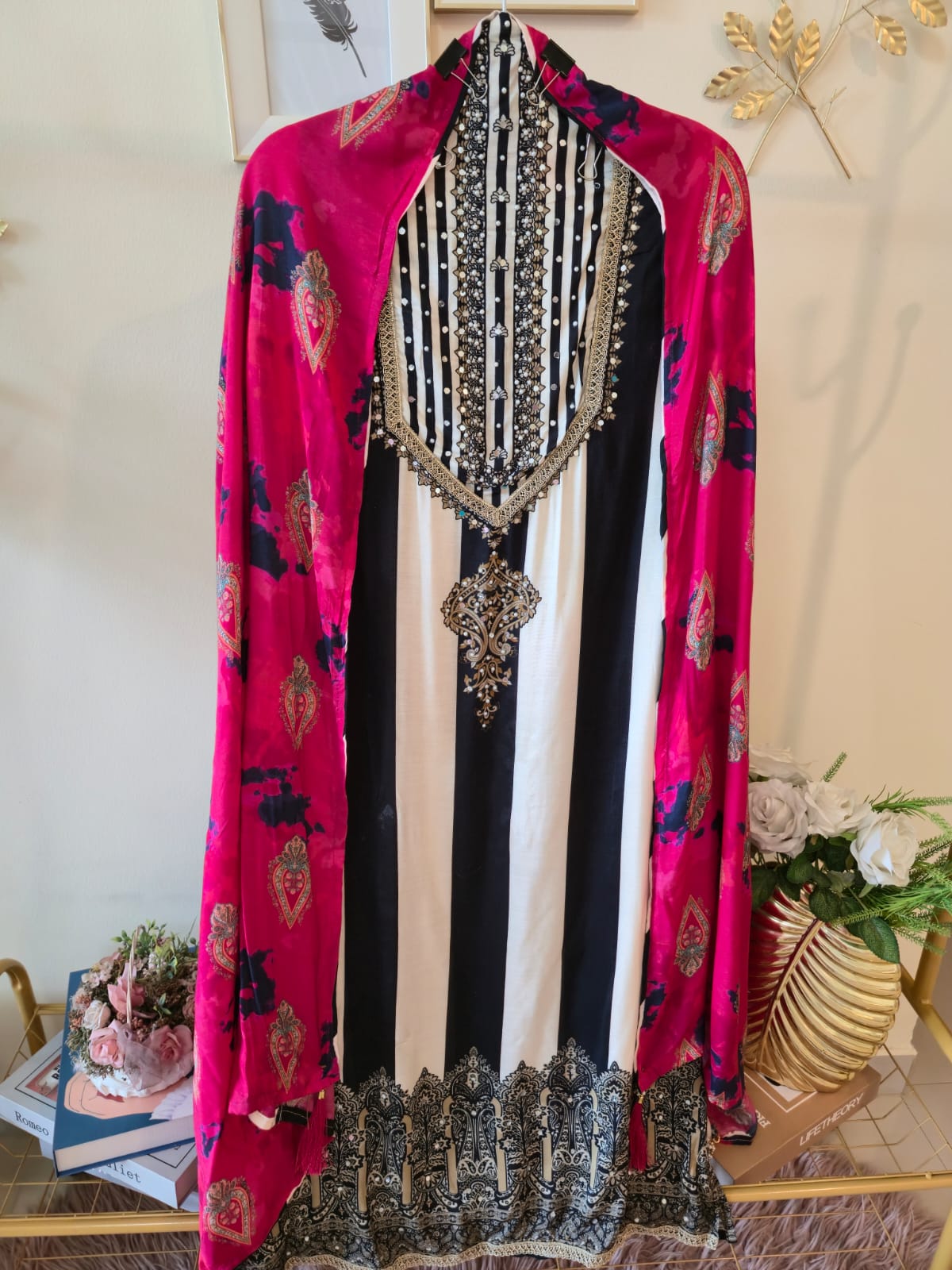 Black and white Pure Butter crape striped unstitched three peice suit.