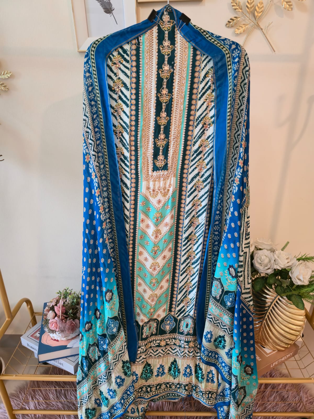 Blue and white Pure Butter crape unstitched three peice suit.