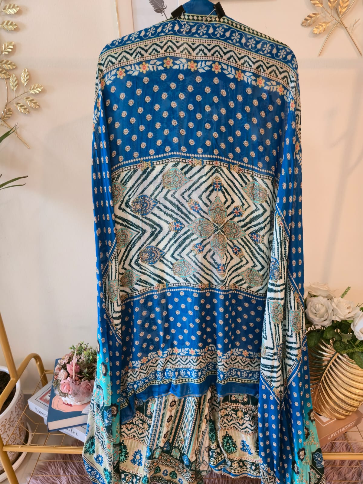 Blue and white Pure Butter crape unstitched three peice suit. - Image 2