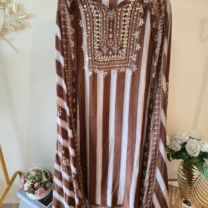 Rich Brown Pure Gajji silk striped unstitched three peice suit .