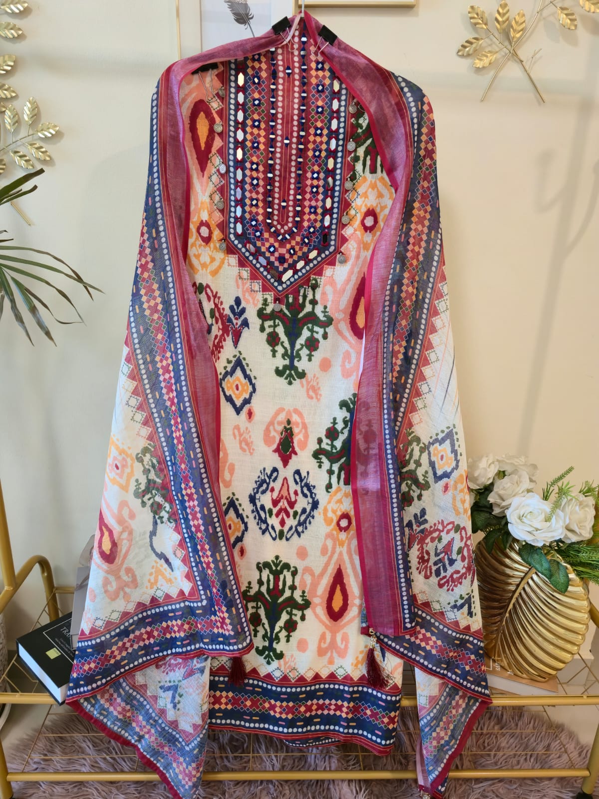 Ikkat print Premium cotton linen unstiched three peice suit