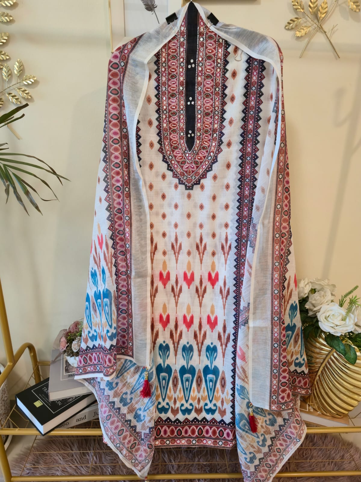 Ikkat print Premium cotton linen unstiched three peice suit