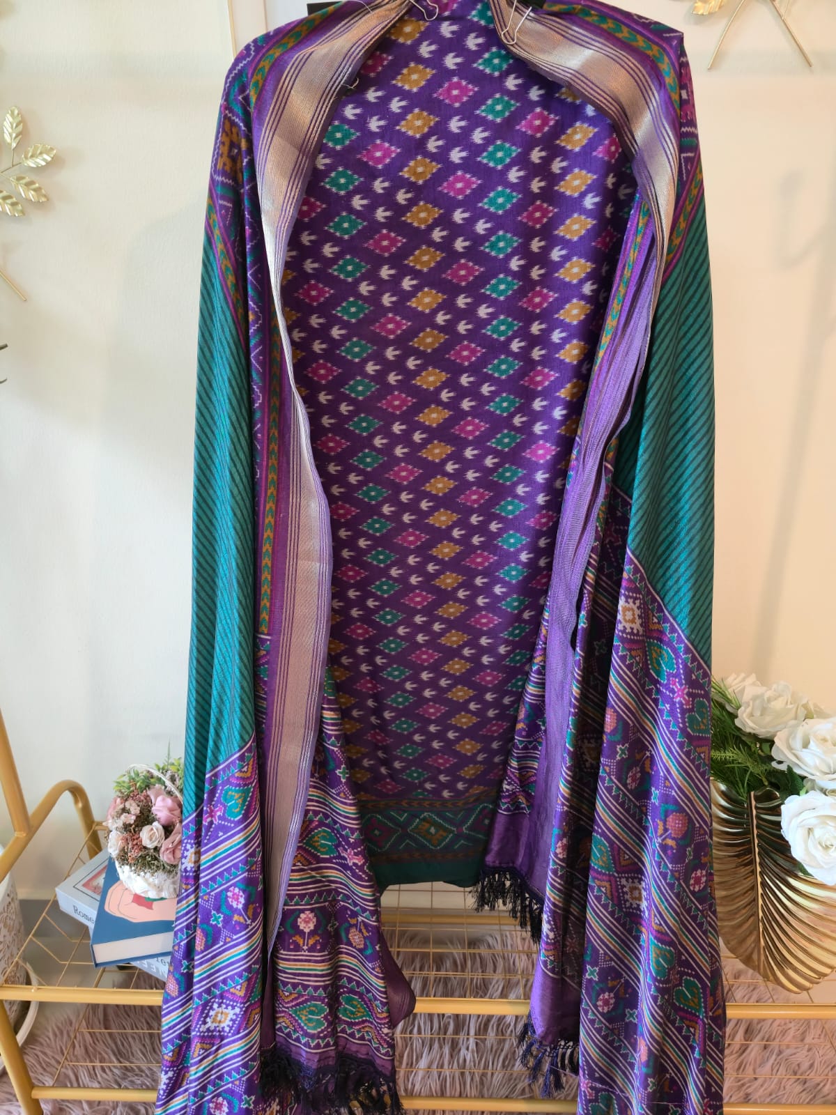 Patola print luxurious Maheshwari Silk unstich three peice suit.