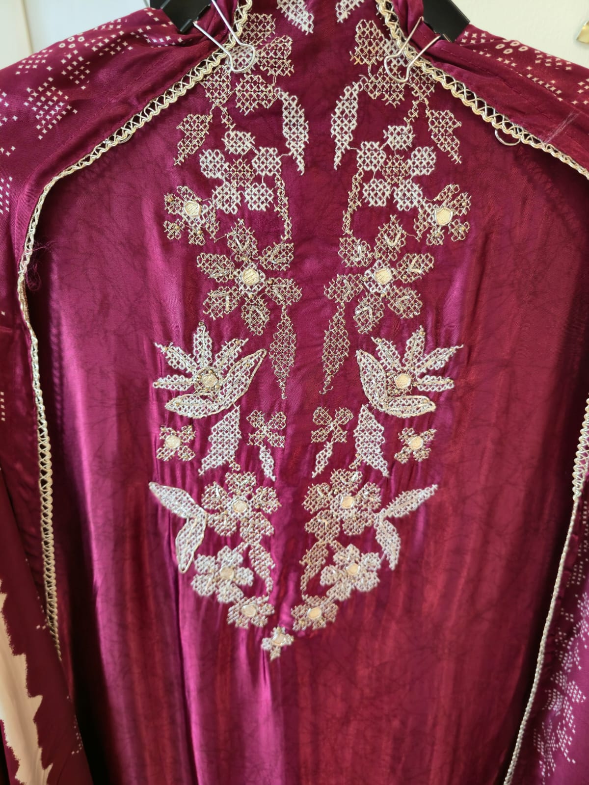 Crafted Mehroon pure gaji silk unstiched three peice suit. - Image 4