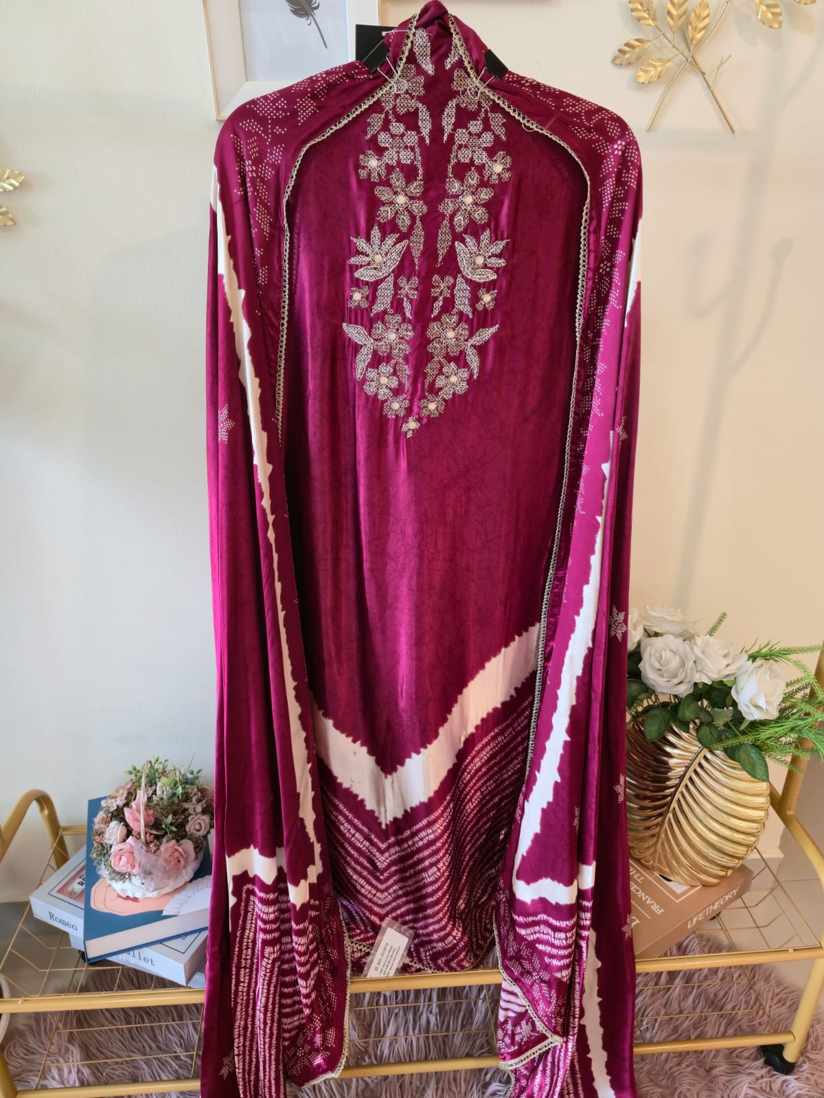 Crafted Mehroon pure gaji silk unstiched three peice suit.