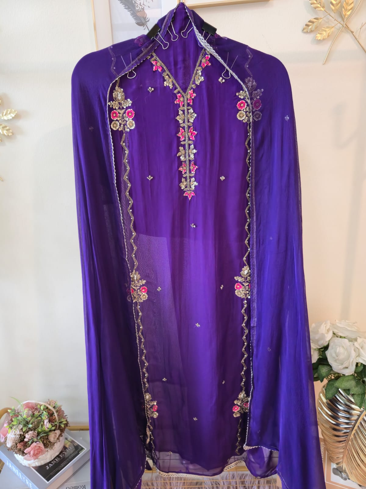 elegant Rich purple pure georgette unstitched three peice suit.