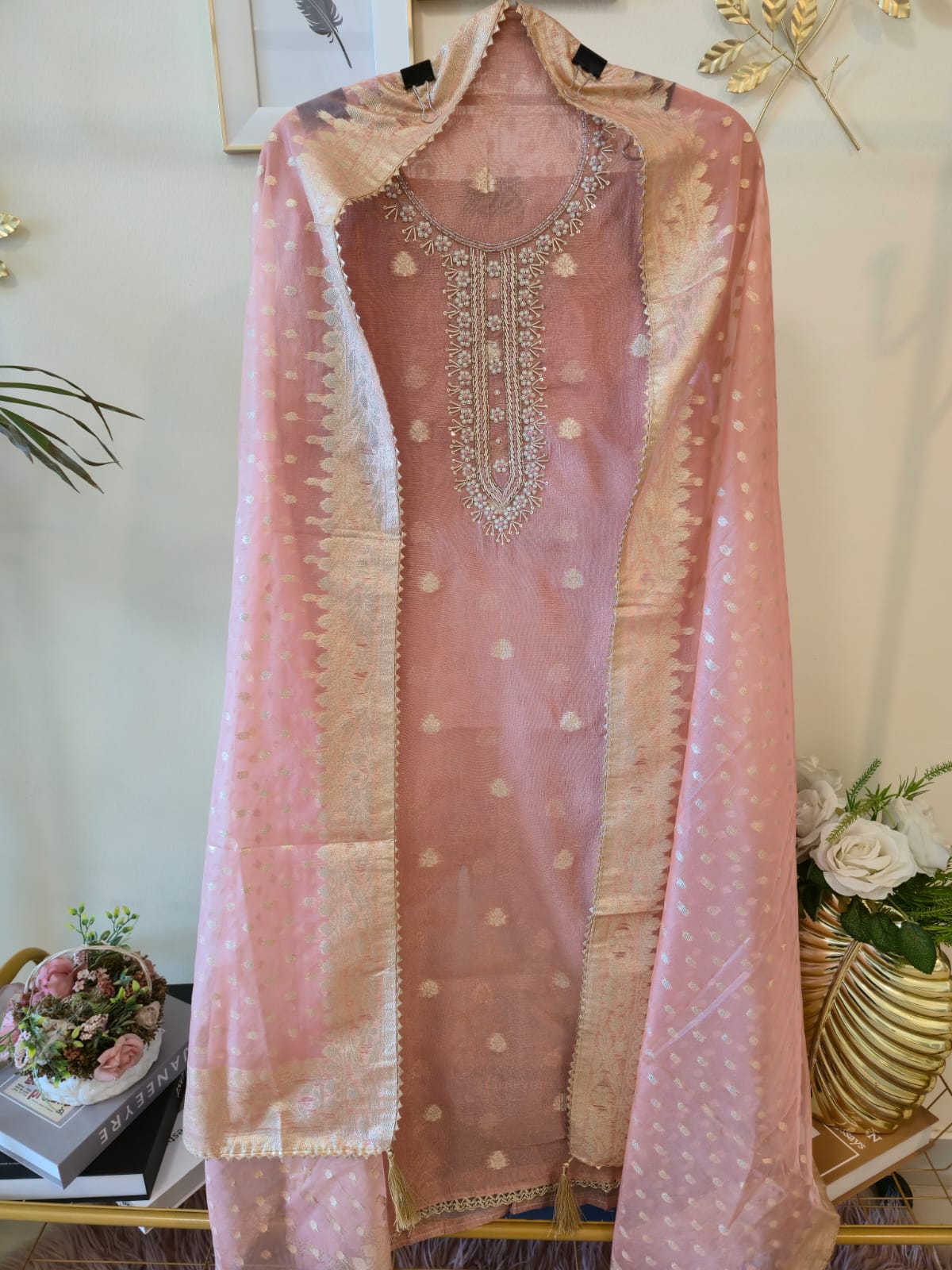 Elegant pink pure Chanderi unstiched three peice suit.