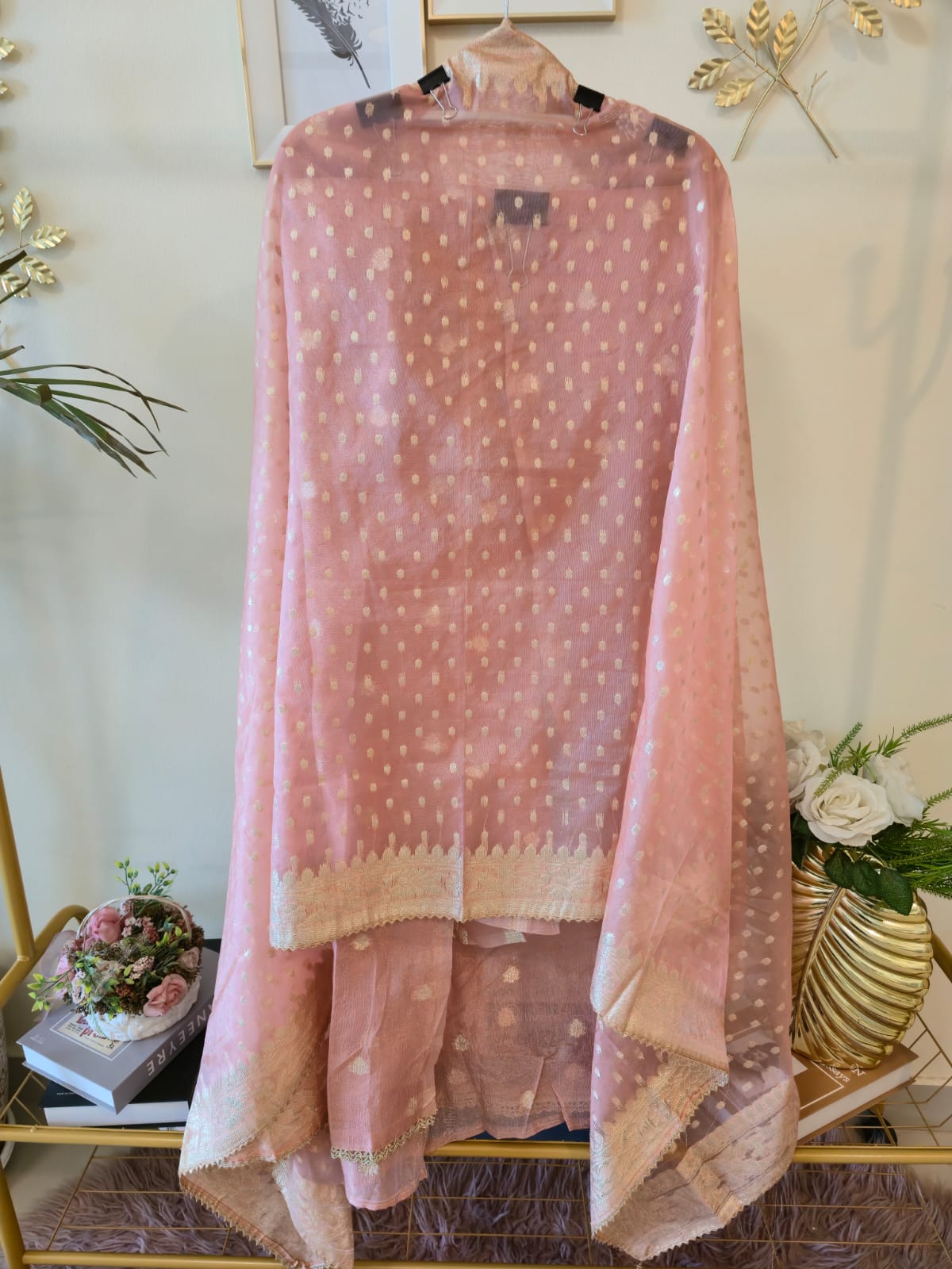 Elegant pink pure Chanderi unstiched three peice suit. - Image 3