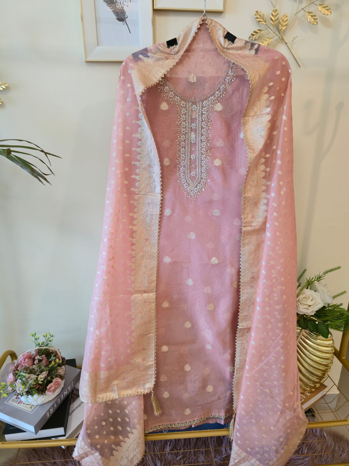 Elegant pink pure Chanderi unstiched three peice suit. - Image 5