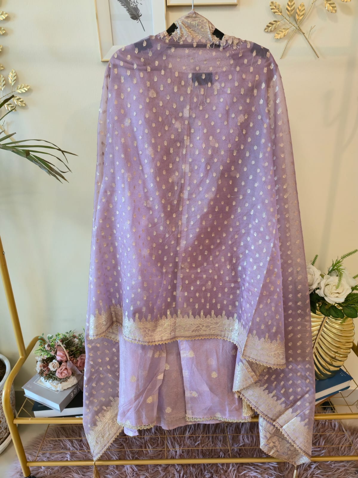Elegant Lilac pure Chanderi unstiched three peice suit. - Image 3