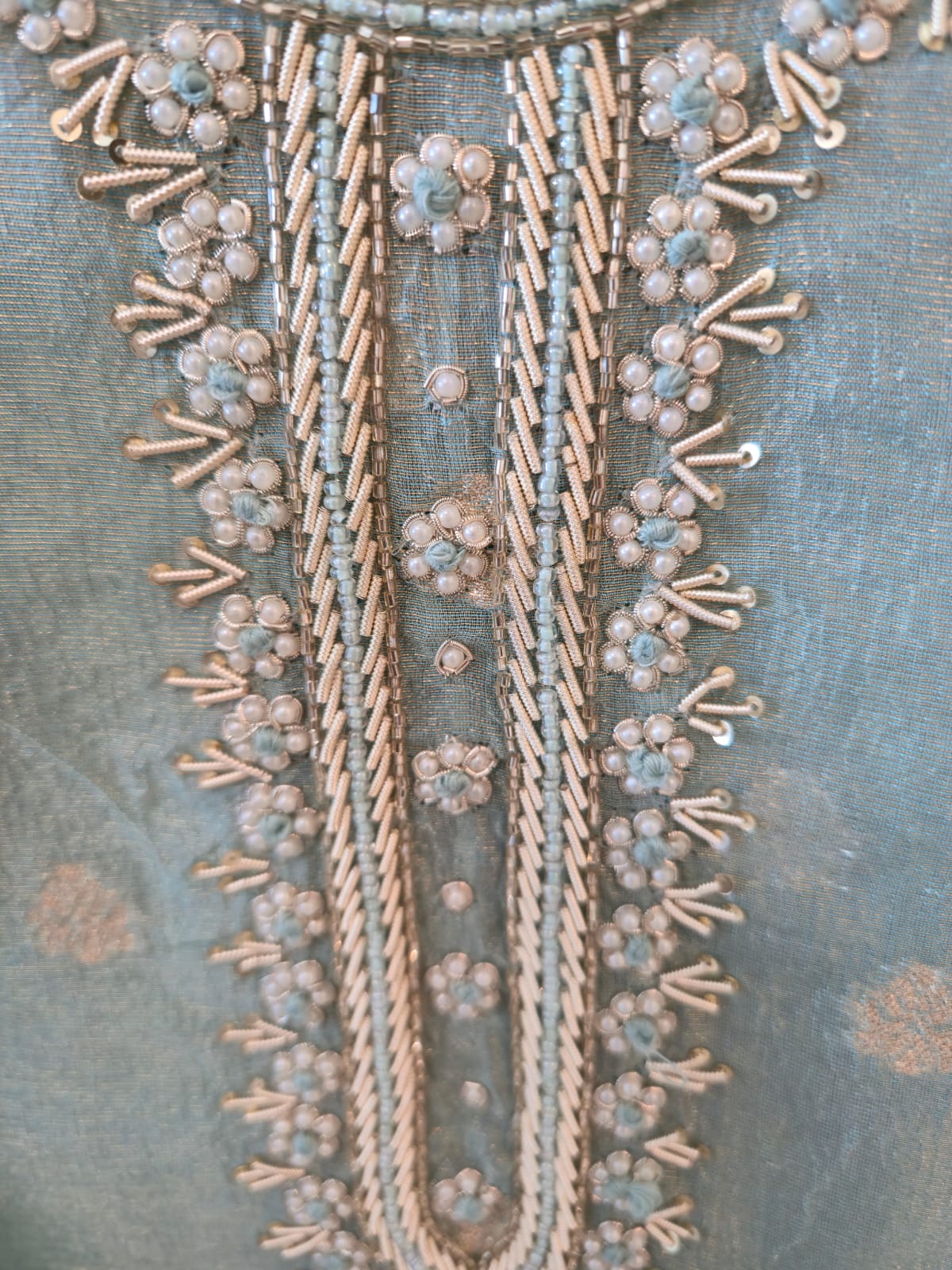 Elegant powder blue pure Chanderi unstiched three peice suit. - Image 4