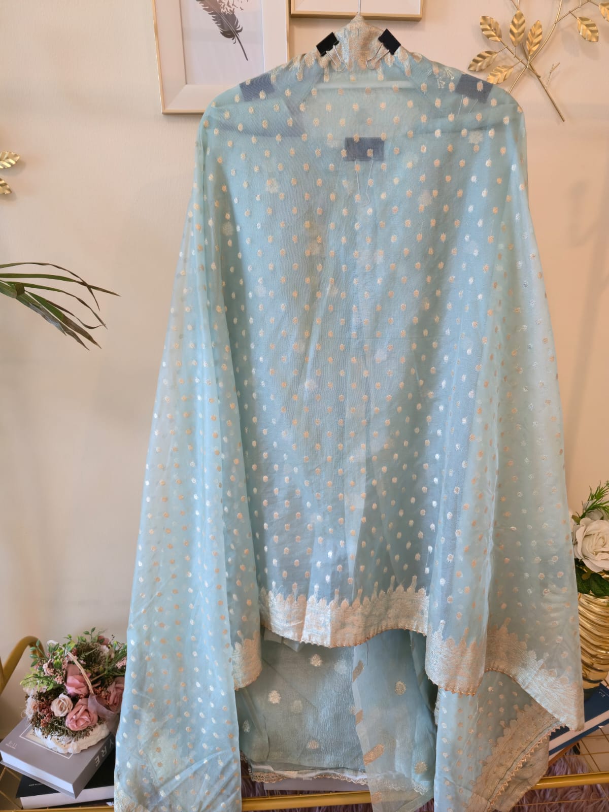 Elegant powder blue pure Chanderi unstiched three peice suit. - Image 3
