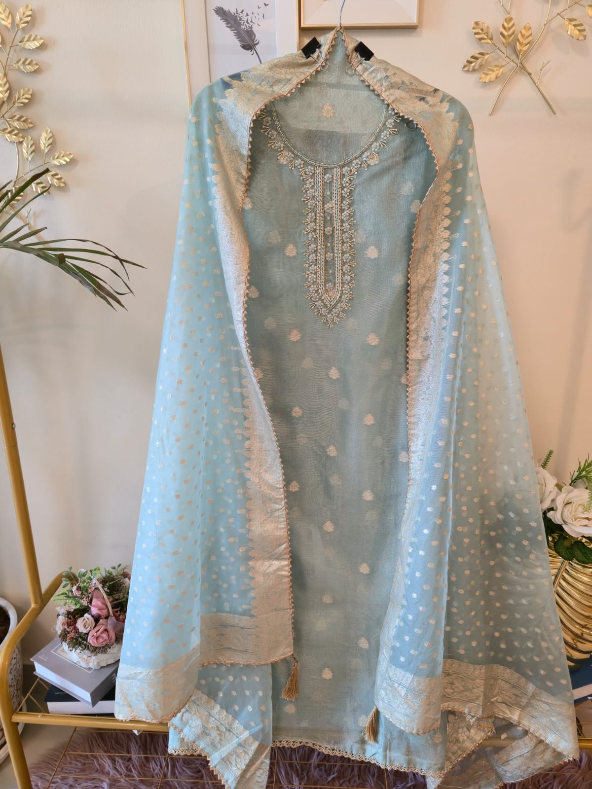 Elegant powder blue pure Chanderi unstiched three peice suit.