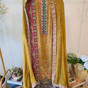 Mustard Yellow pure crape Embroidered Ethnic Suit Set with Dupatta