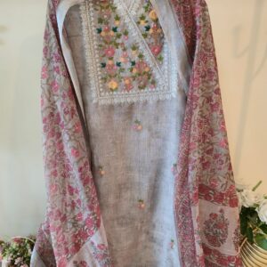 Pure Linen grey color unstiched three peice suit.