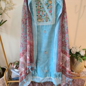 Pure Linen Blue color unstiched three peice suit