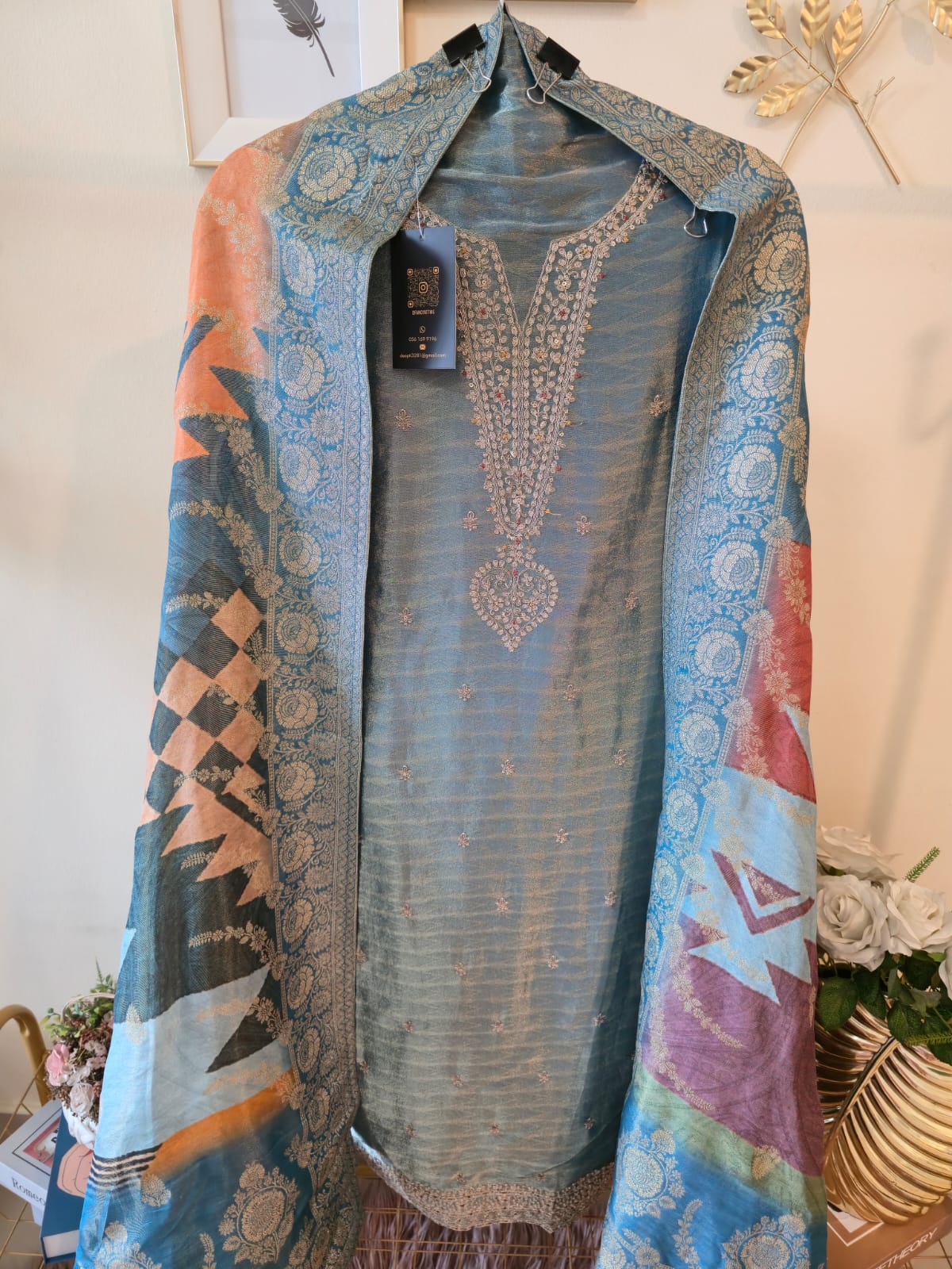 Elegant shades of blue grey unstiched silk three peice suit