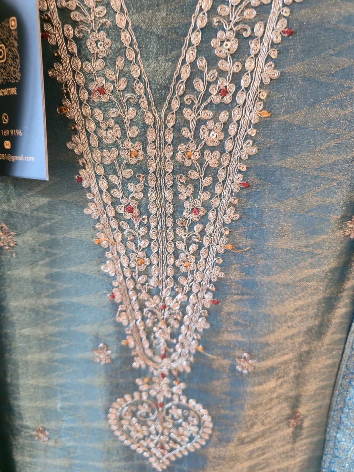 Elegant shades of blue grey unstiched silk three peice suit - Image 5