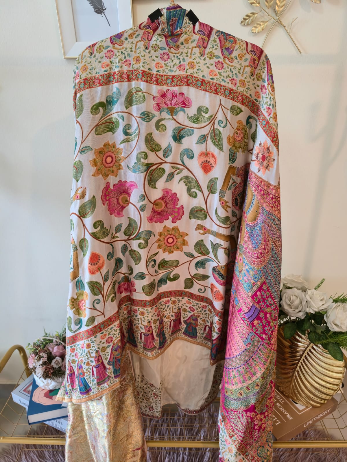 Pure silk beige color unstiched three peice suit. - Image 4