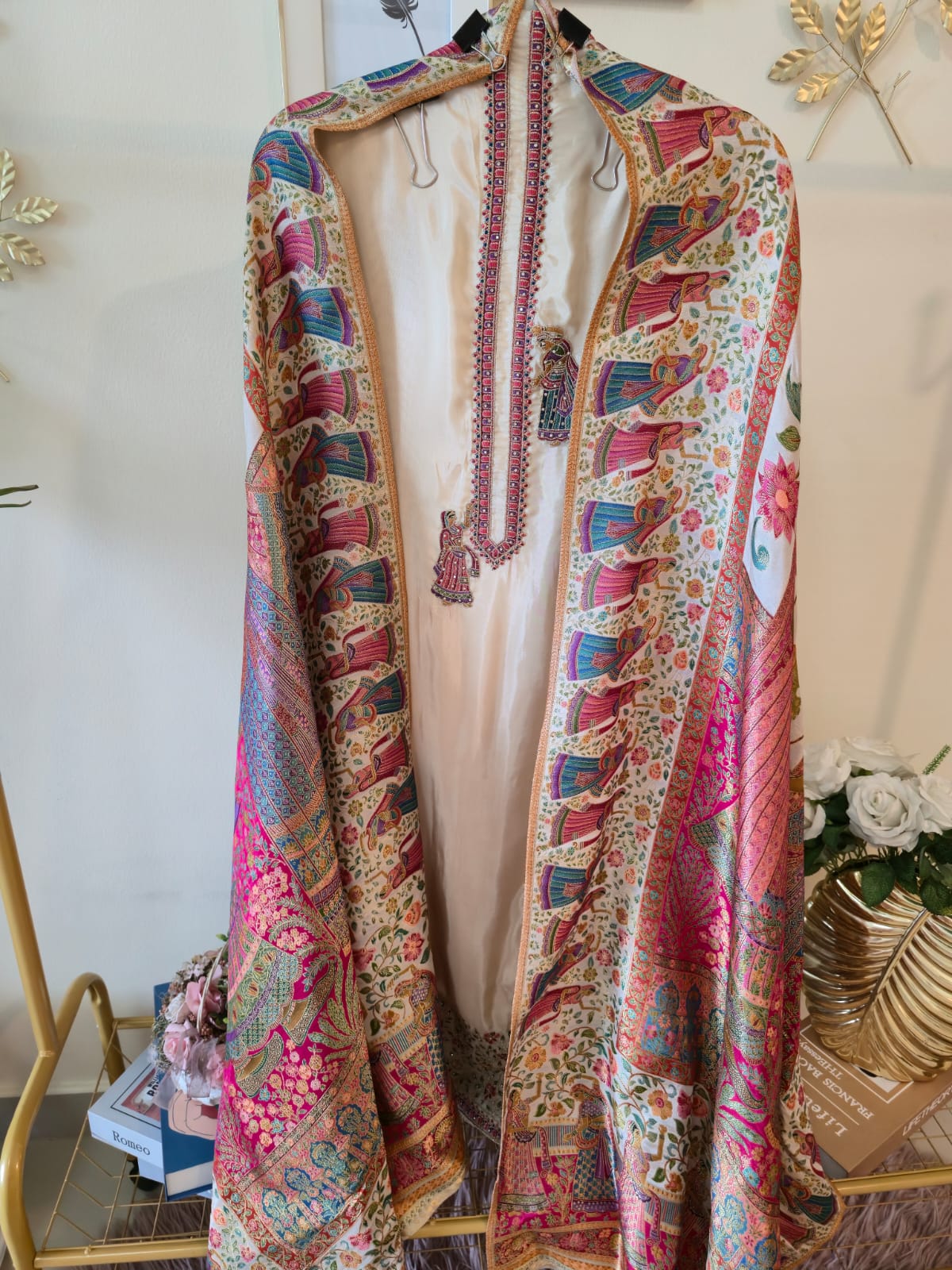 Pure silk beige color unstiched three peice suit. - Image 2
