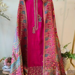 Rani Pink pure silk Embroidered 3-Piece Unstitched Suit with Statement Dupatta
