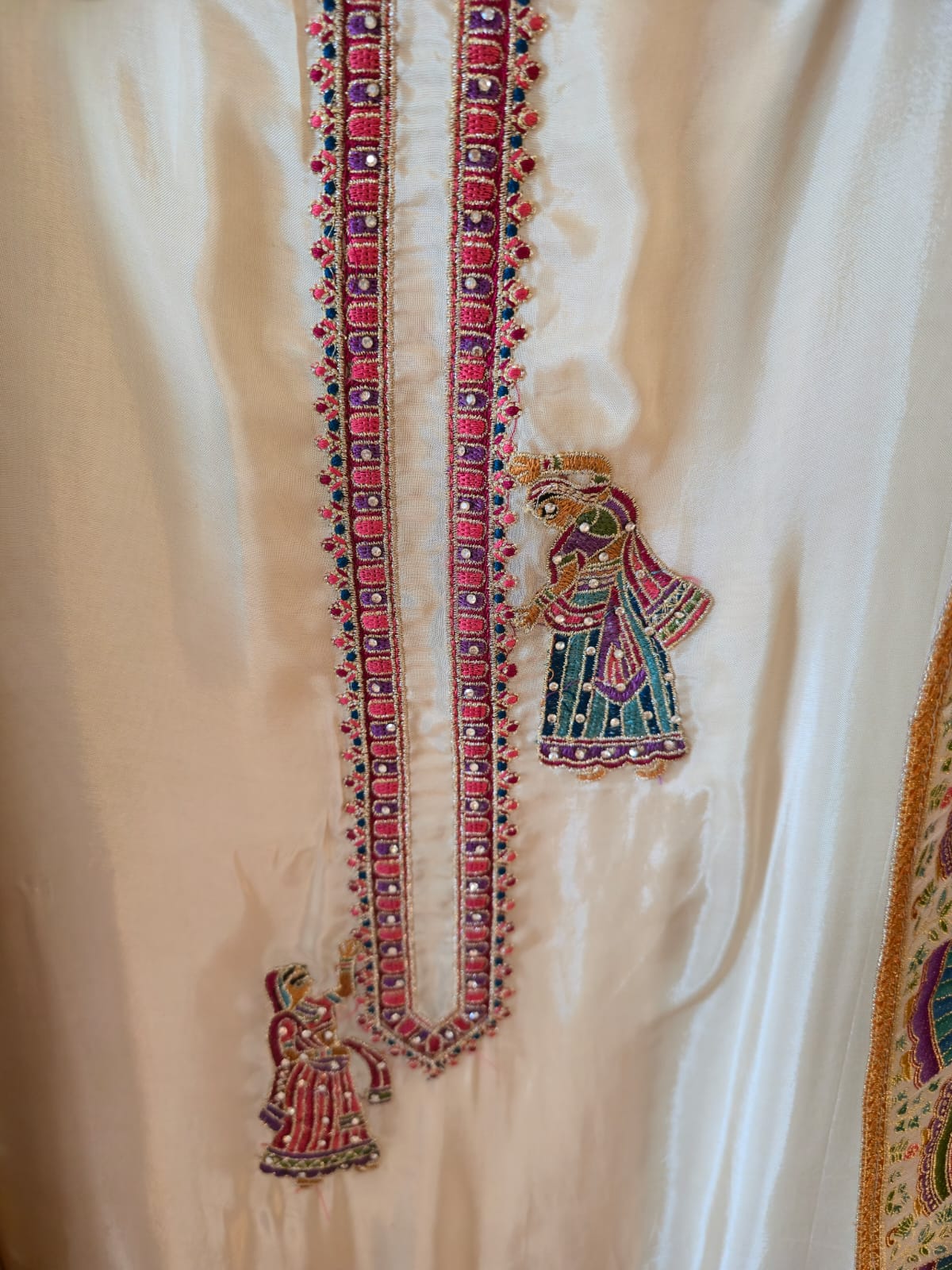 Beige pure silk Embroidered 3-Piece Unstitched Suit with Statement Dupatta - Image 6
