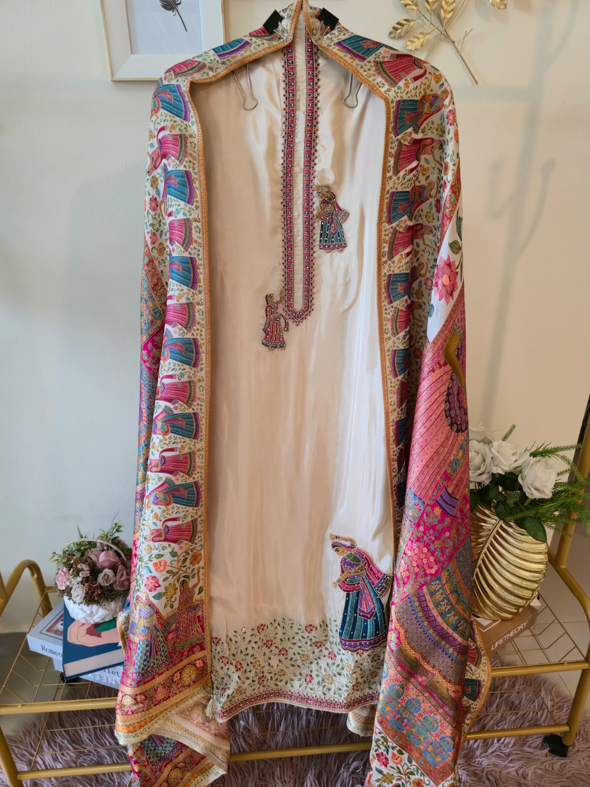Beige pure silk Embroidered 3-Piece Unstitched Suit with Statement Dupatta