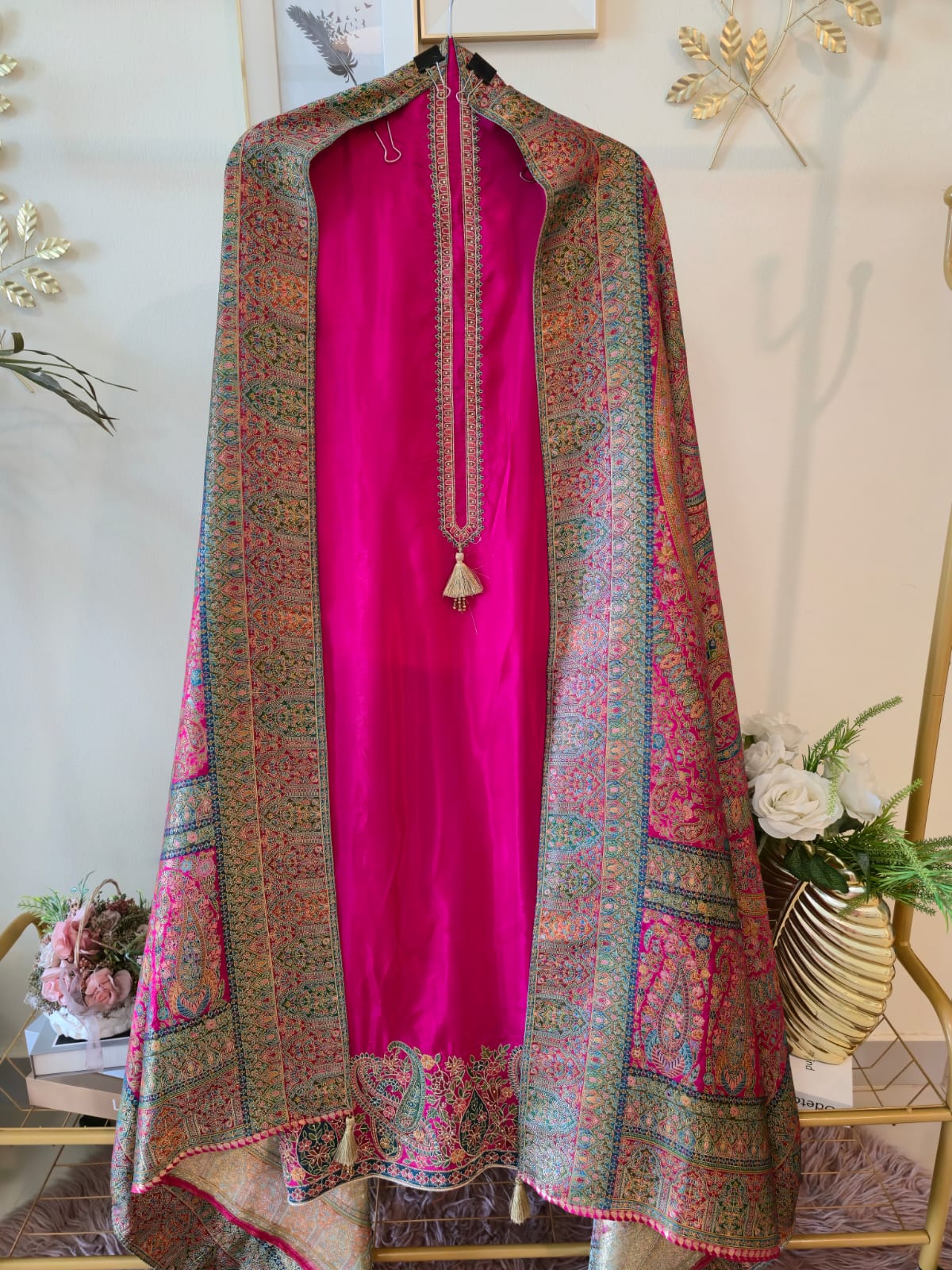 Rani Pink pure silk Embroidered 3-Piece Unstitched Suit with Statement Dupatta
