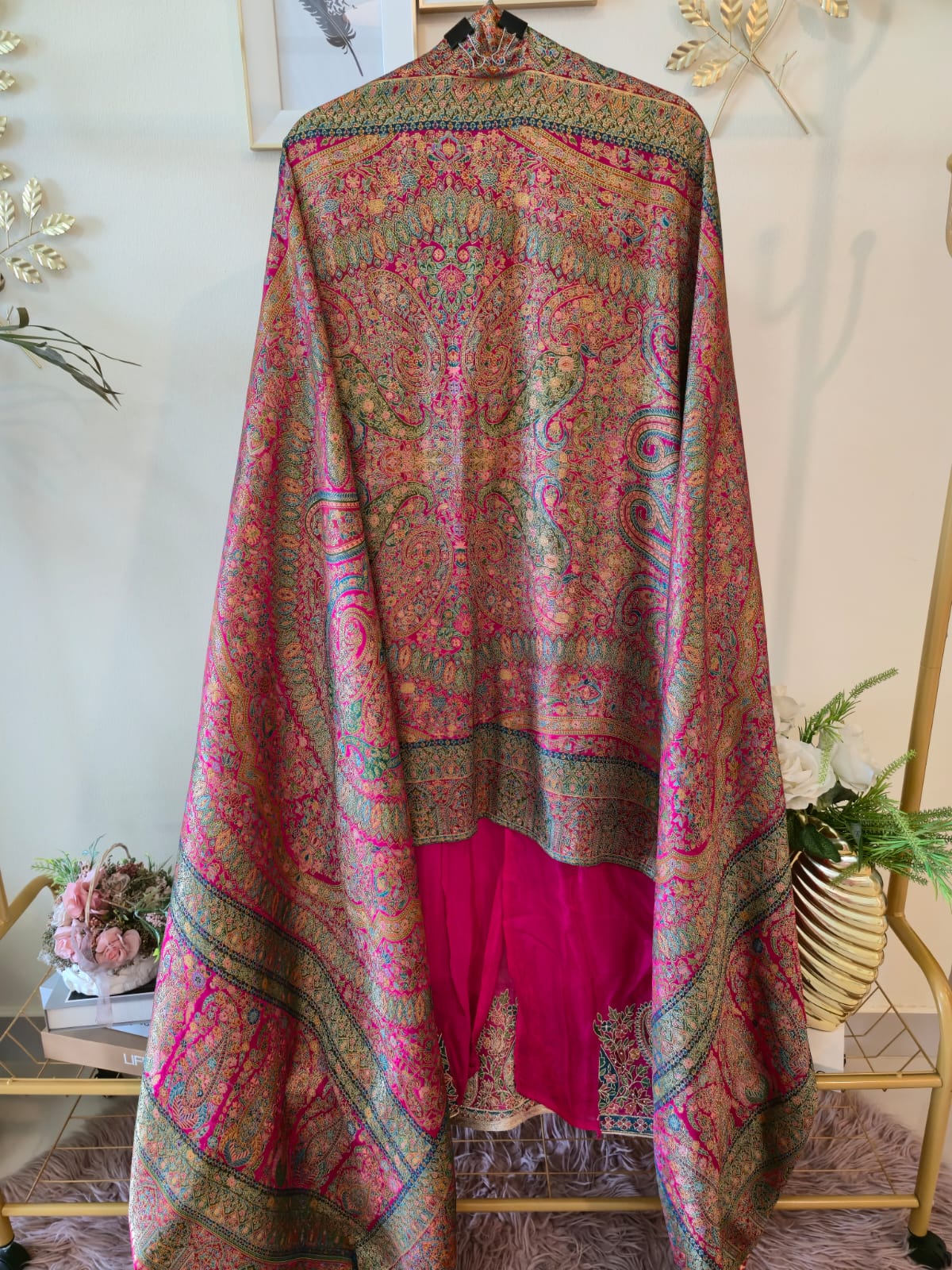 Rani Pink pure silk Embroidered 3-Piece Unstitched Suit with Statement Dupatta - Image 3