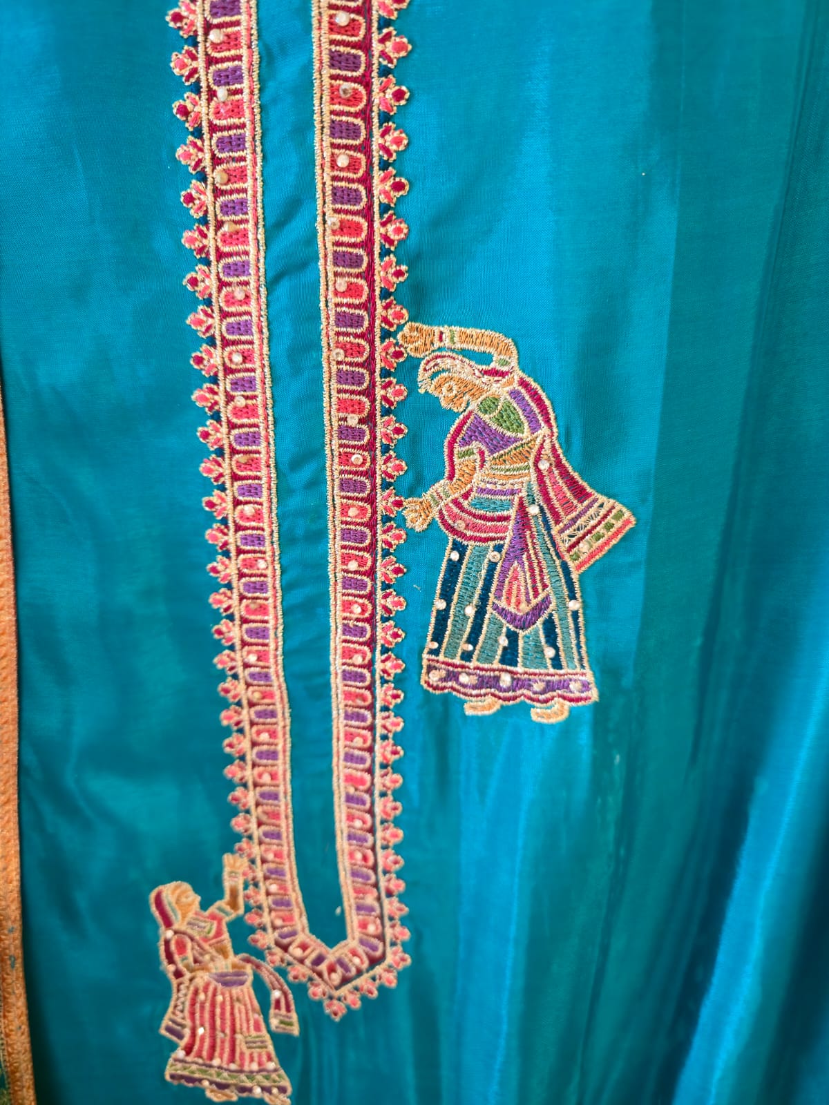 Rich Blue pure silk Embroidered 3-Piece Unstitched Suit with Statement Dupatta - Image 6