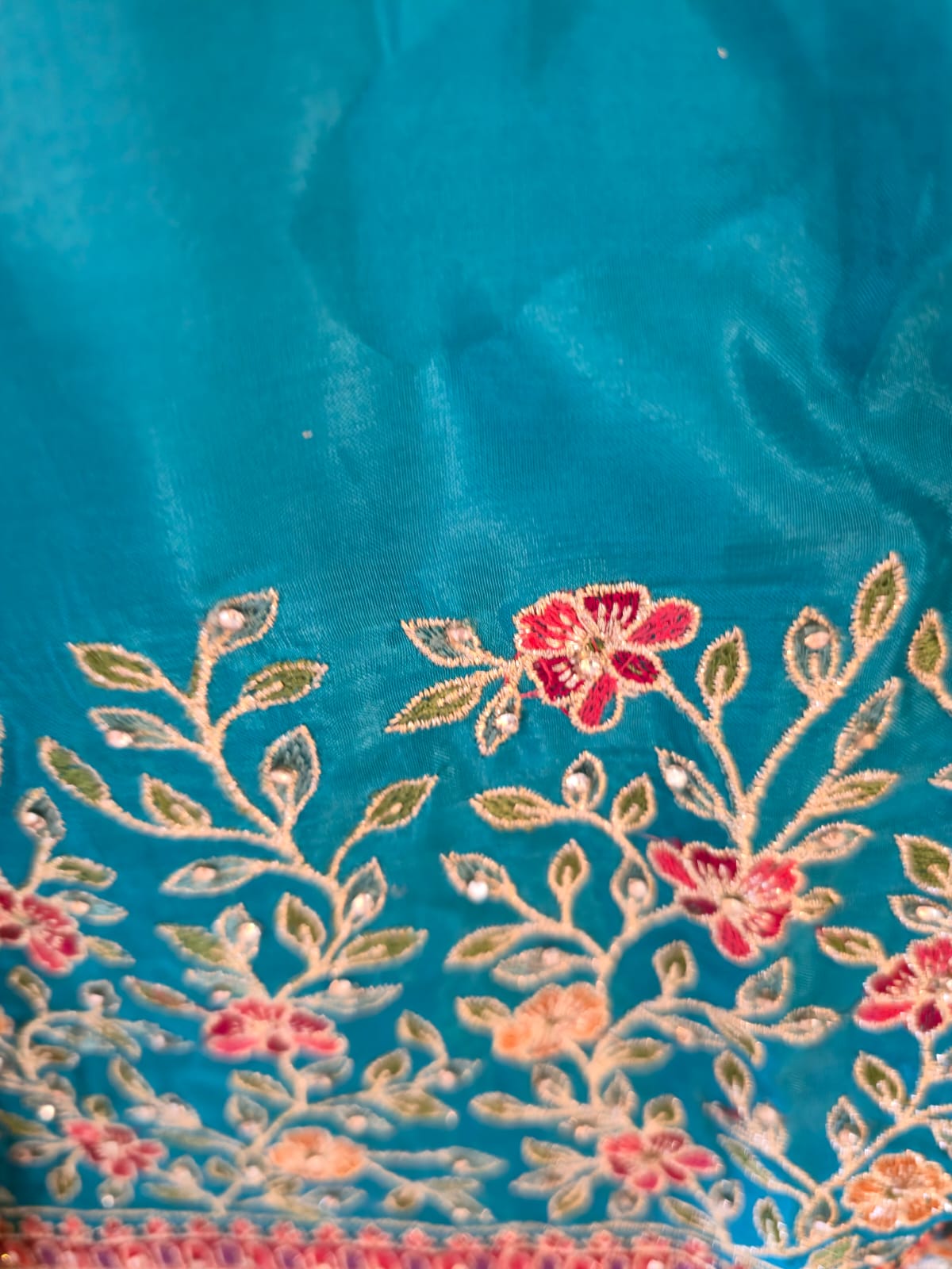 Rich Blue pure silk Embroidered 3-Piece Unstitched Suit with Statement Dupatta - Image 5