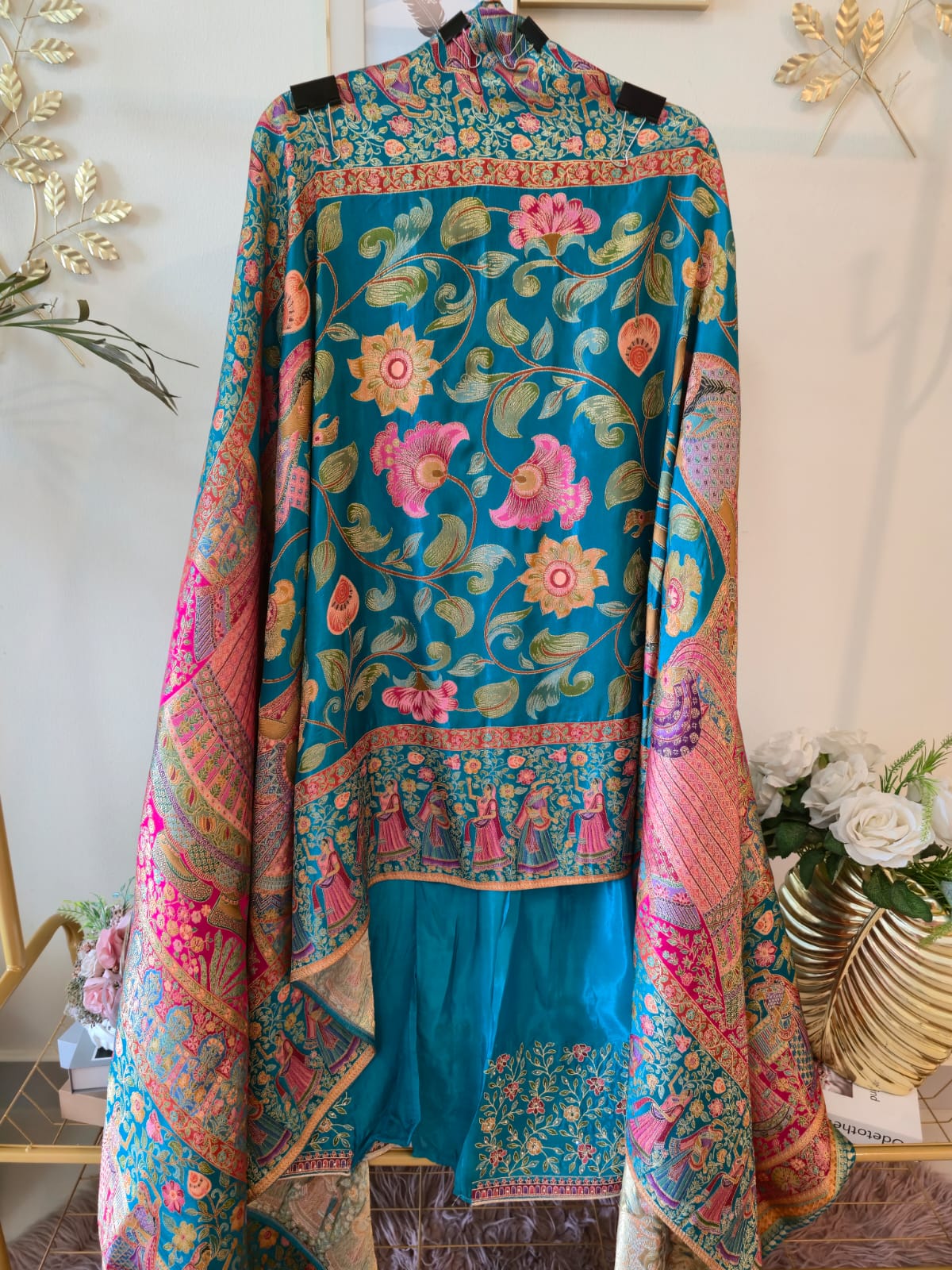 Rich Blue pure silk Embroidered 3-Piece Unstitched Suit with Statement Dupatta - Image 4