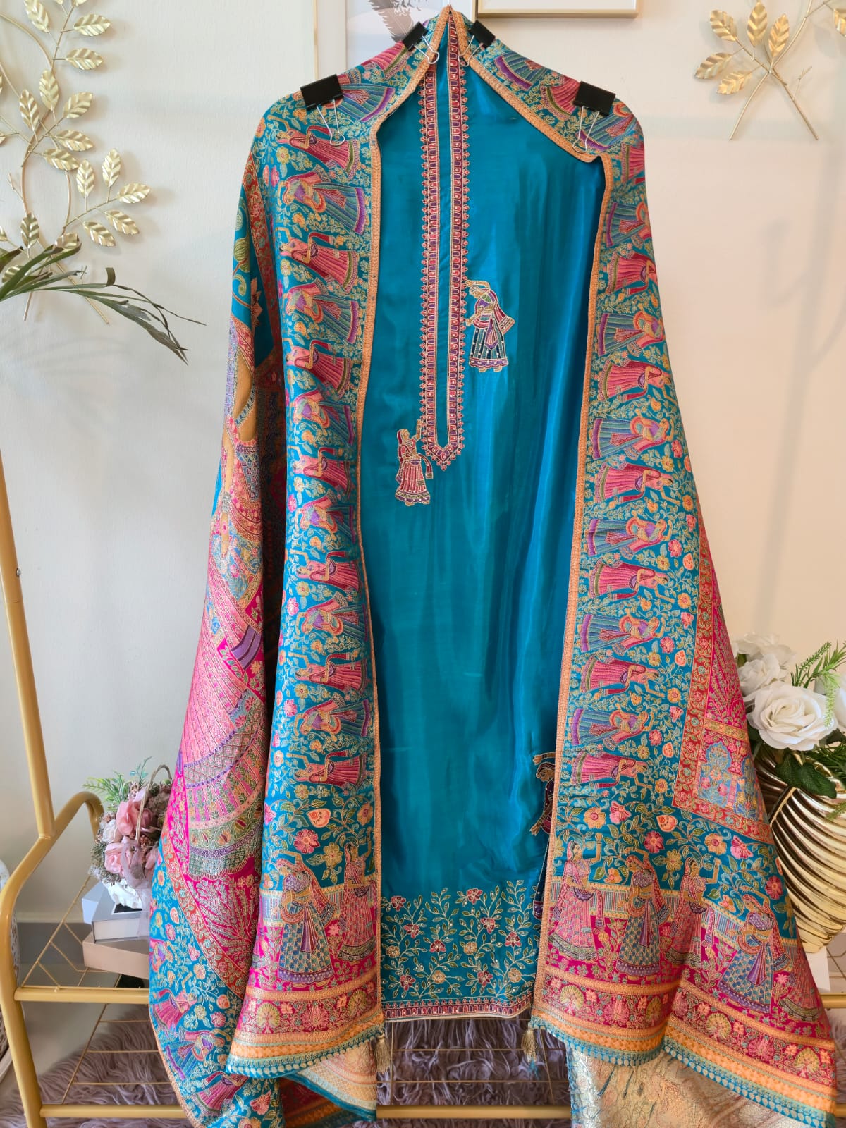 Rich Blue pure silk Embroidered 3-Piece Unstitched Suit with Statement Dupatta