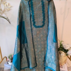 Teal Blue Heavy Zari pure jacqua Embroidered 3-Piece Unstitched Suit with Luxurious Dupatta