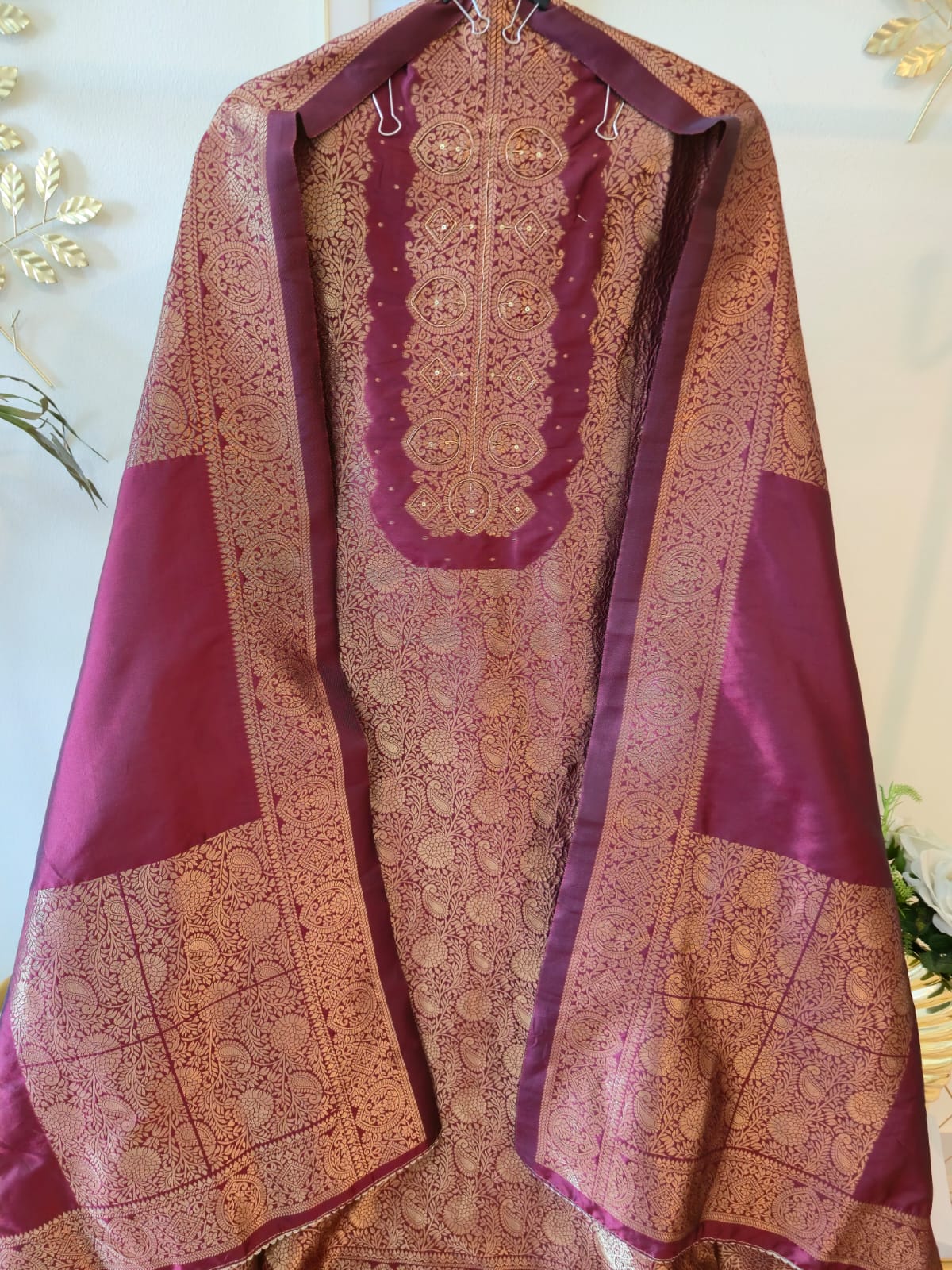 Rich Wine Heavy Zari pure jacqua Embroidered 3-Piece Unstitched Suit with Luxurious Dupatta - Image 4