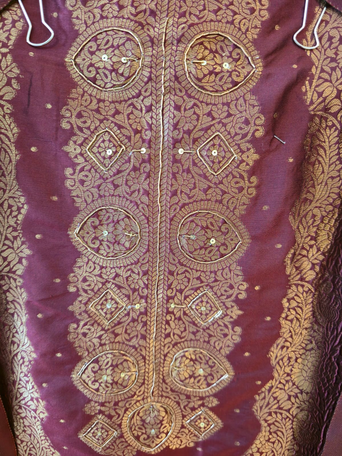 Rich Wine Heavy Zari pure jacqua Embroidered 3-Piece Unstitched Suit with Luxurious Dupatta - Image 5