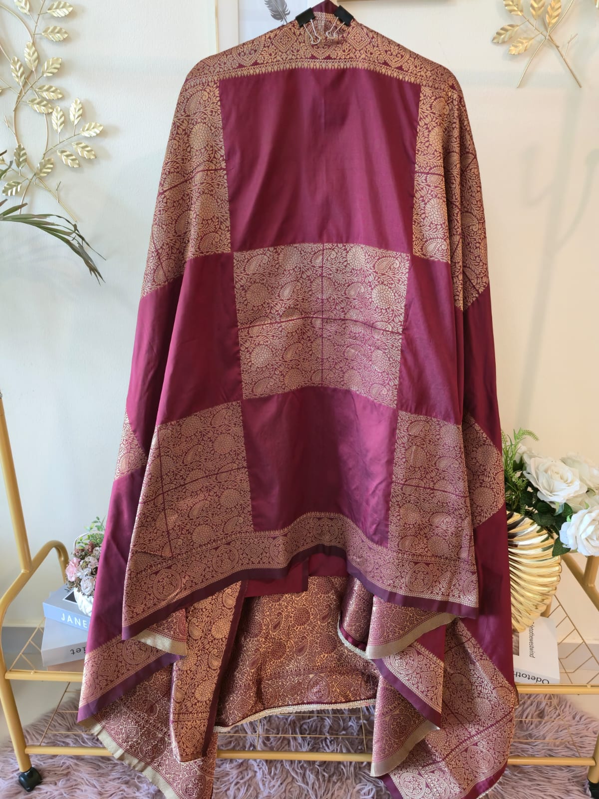 Rich Wine Heavy Zari pure jacqua Embroidered 3-Piece Unstitched Suit with Luxurious Dupatta - Image 3