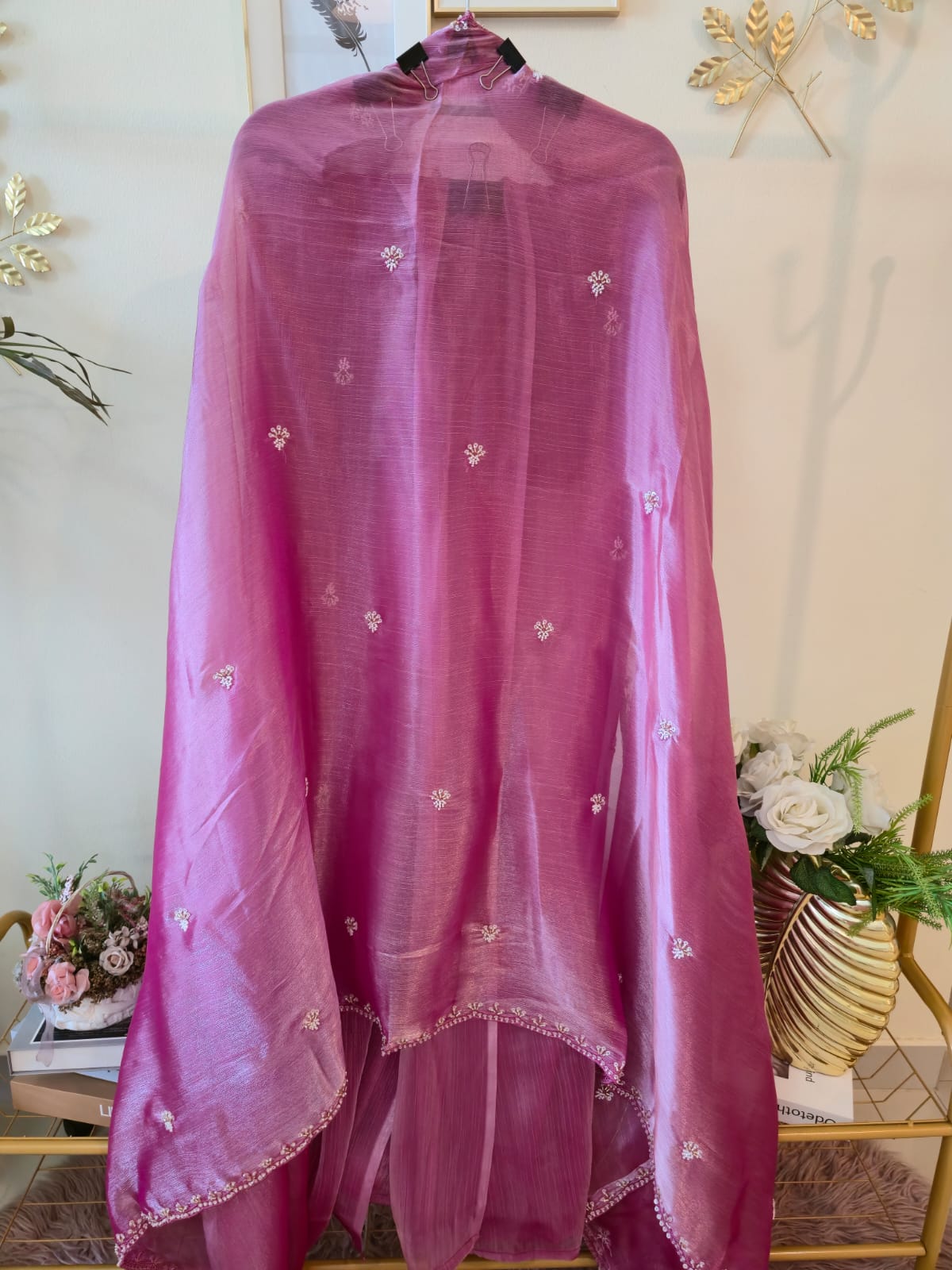 Elegant Rose Pink pure viscouse Fendi fabric Suit with Delicate Hand Embroidery - Image 4