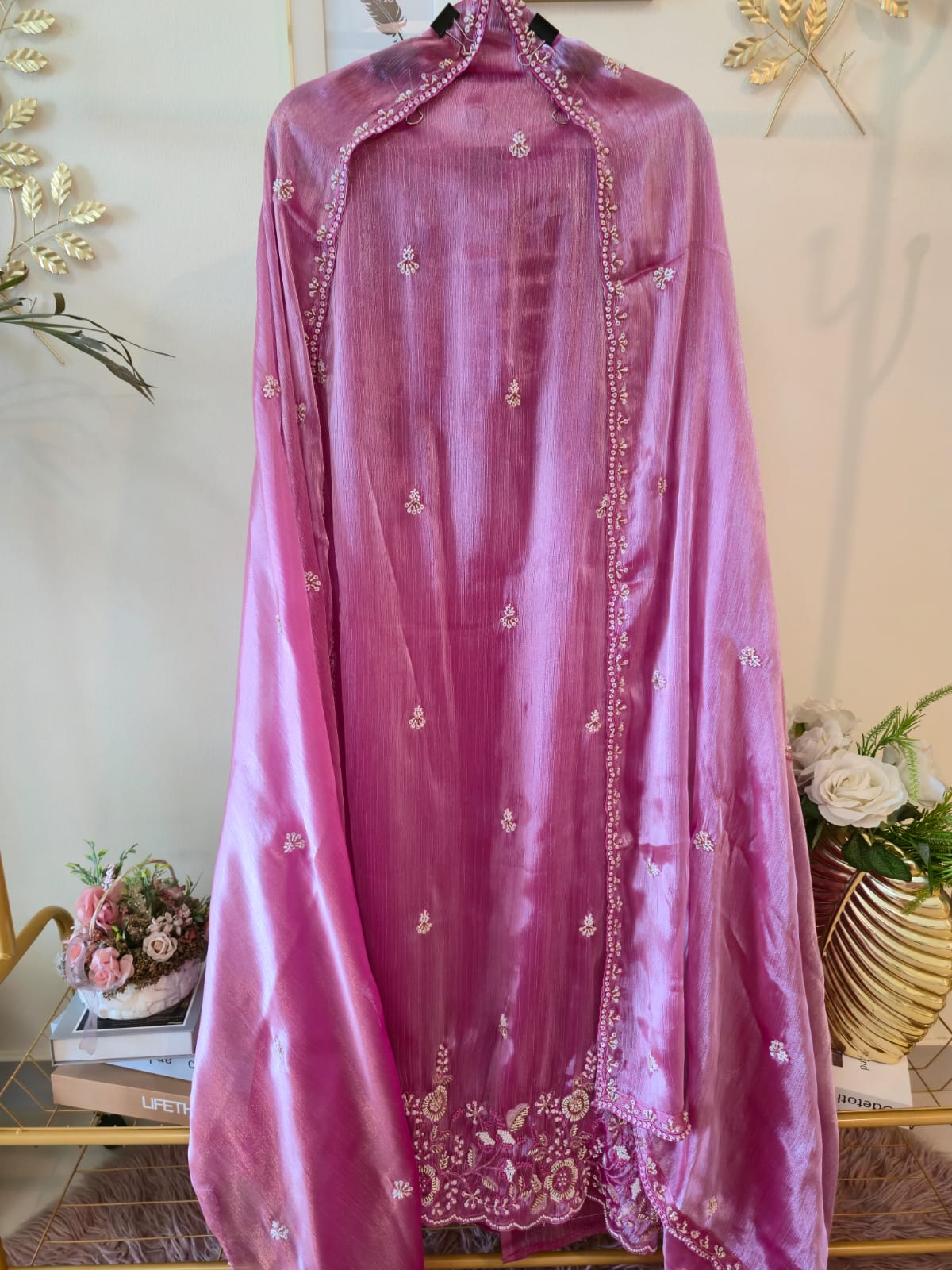 Elegant Rose Pink pure viscouse Fendi fabric Suit with Delicate Hand Embroidery - Image 3