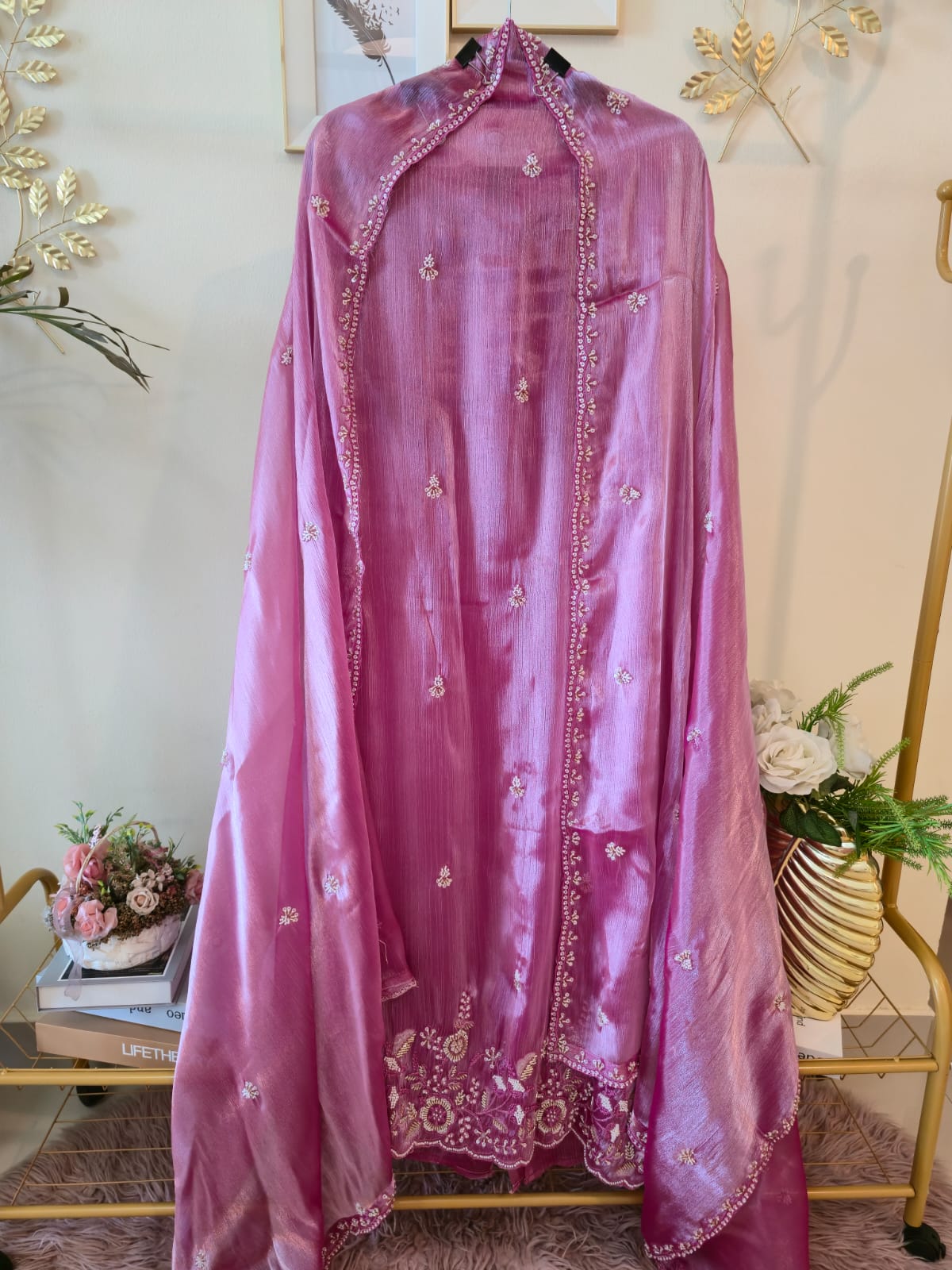 Elegant Rose Pink pure viscouse Fendi fabric Suit with Delicate Hand Embroidery