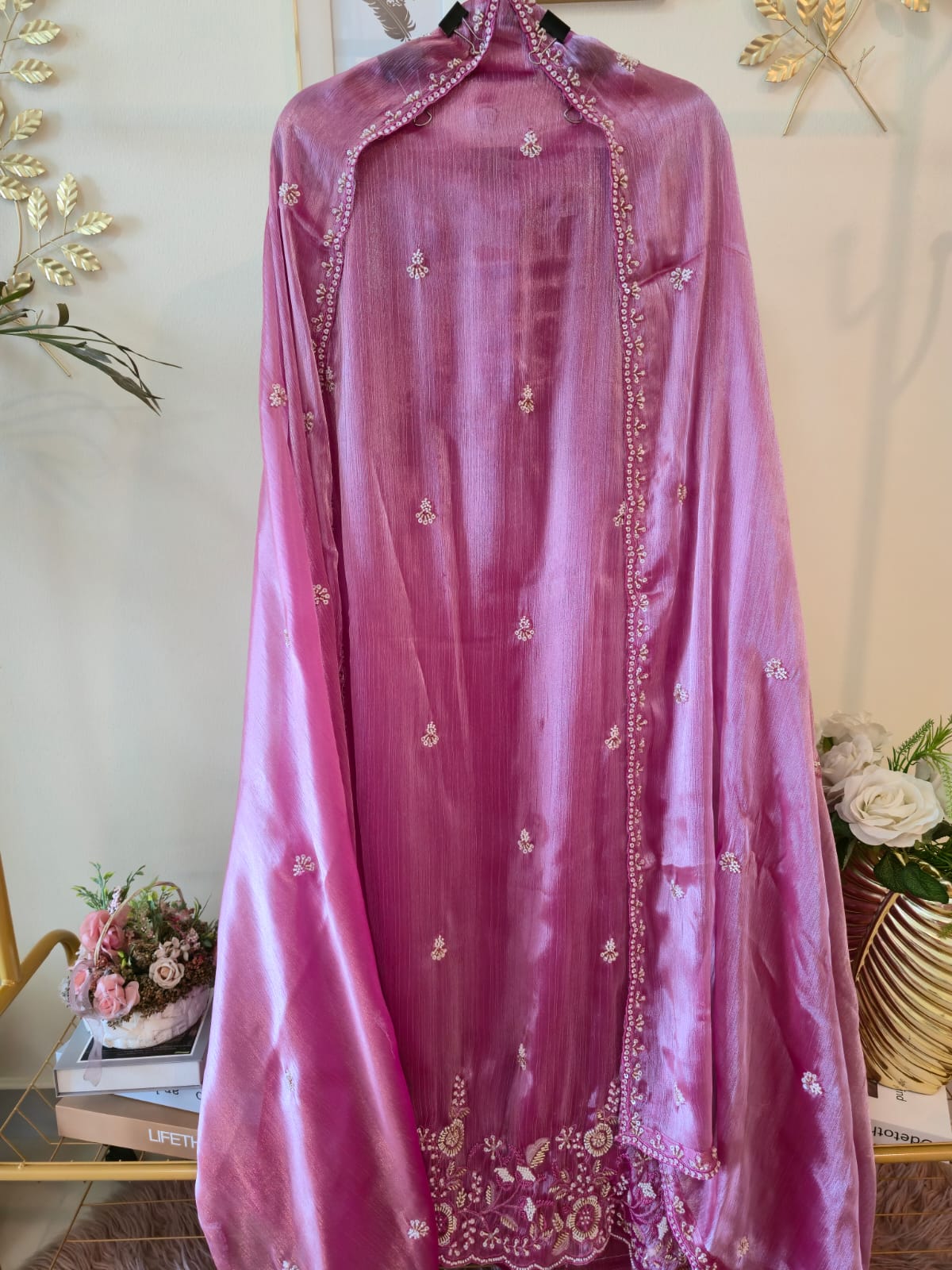 Elegant Rose Pink pure viscouse Fendi fabric Suit with Delicate Hand Embroidery - Image 2