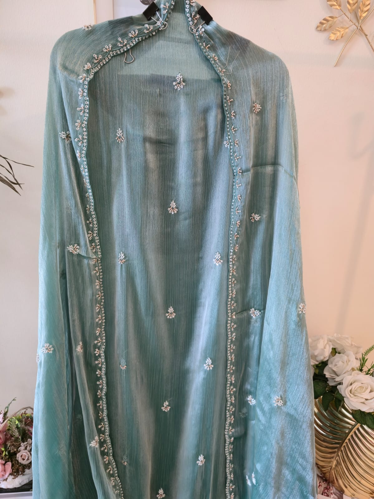Elegant soft green pure viscouse Fendi fabric Suit with Delicate Hand Embroidery - Image 4