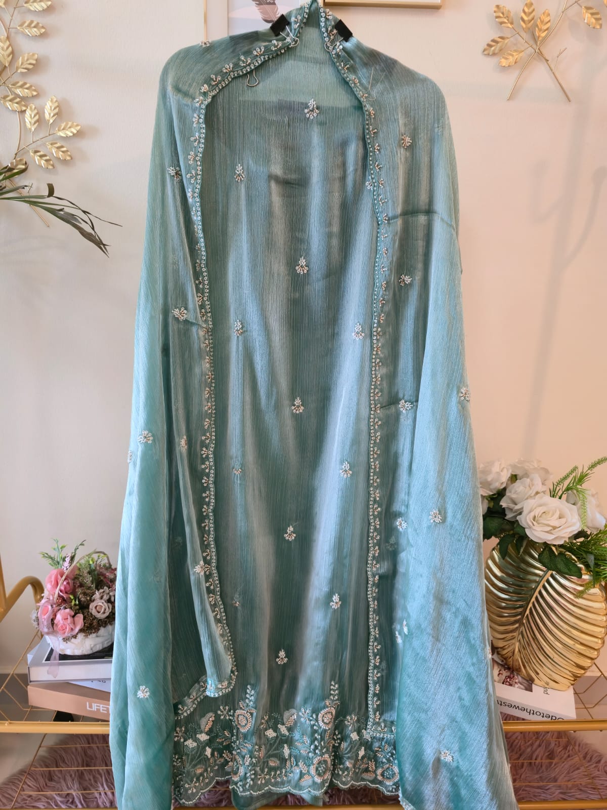 Elegant soft green pure viscouse Fendi fabric Suit with Delicate Hand Embroidery